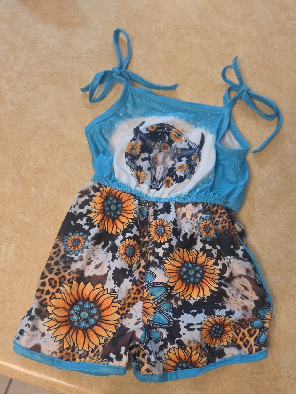 Turquoise Sunflower & Leopard Print Girls' Romper